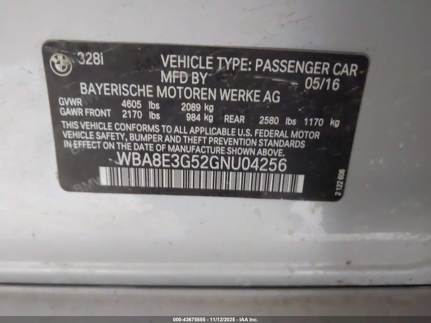 2016 BMW 328I XDRIVE WBA8E3G52GNU04256