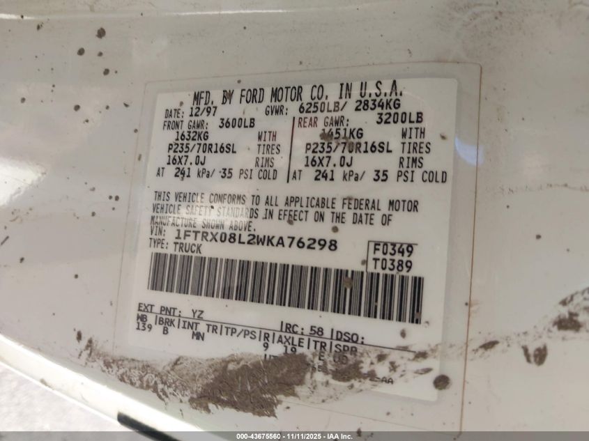 1998 Ford F-150 Lariat/Xl/Xlt VIN: 1FTRX08L2WKA76298 Lot: 43675560