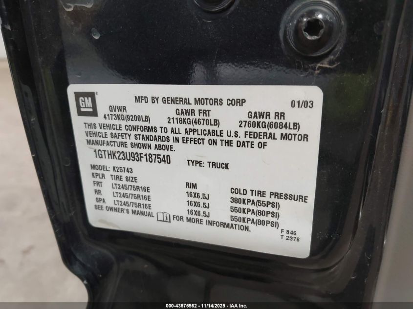 2003 GMC Sierra 2500Hd Slt VIN: 1GTHK23U93F187540 Lot: 43675562