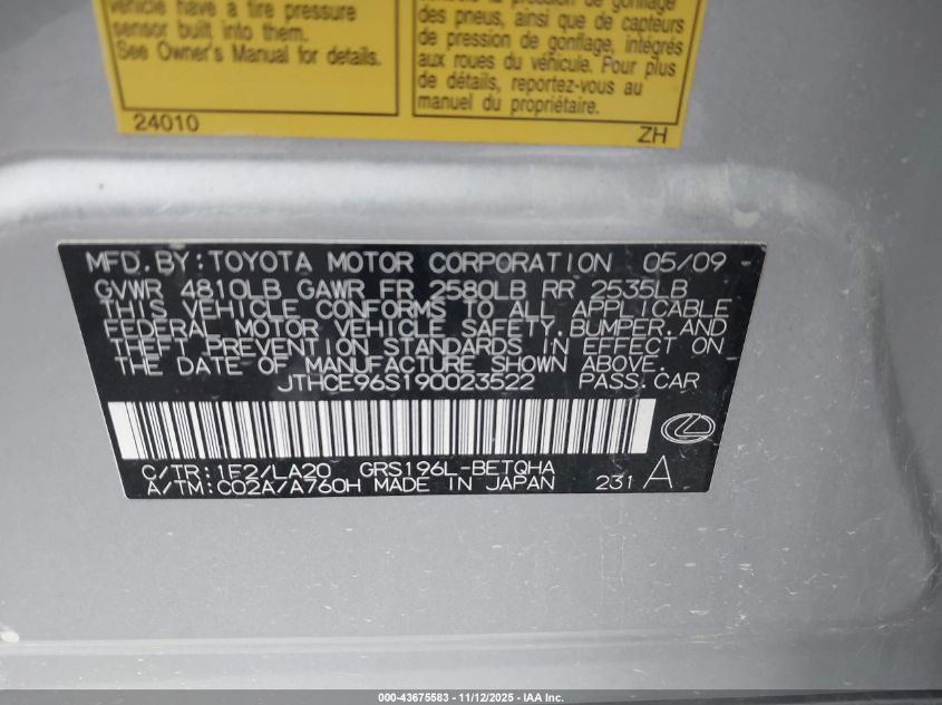 2009 Lexus Gs 350 VIN: JTHCE96S190023522 Lot: 43675583