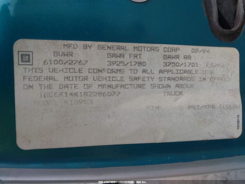 1994 Chevrolet Gmt-400 K1500 VIN: 1GCEK14K1RZ286077 Lot: 43675591