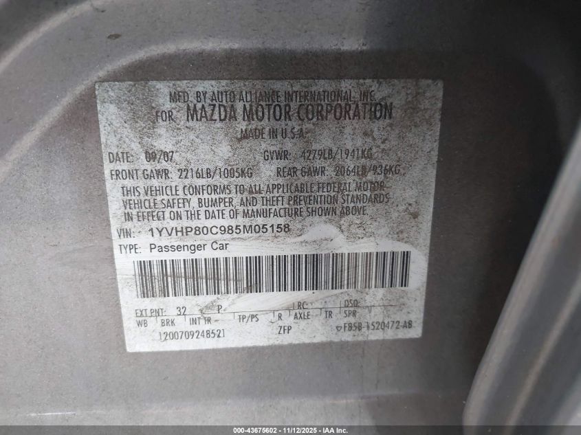 2008 Mazda Mazda6 I Sport Ve VIN: 1YVHP80C985M05158 Lot: 43675602