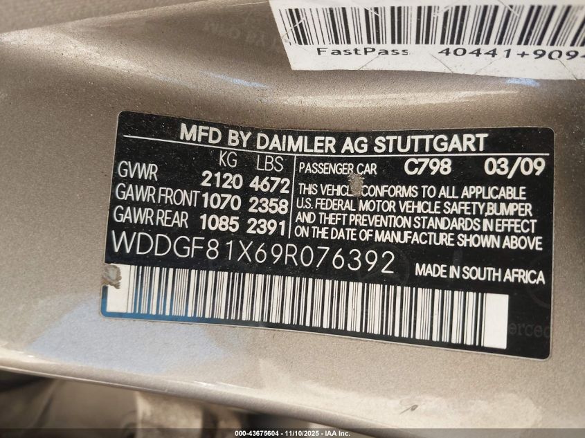 2009 Mercedes-Benz C 300 Luxury 4Matic/Sport 4Matic VIN: WDDGF81X69R076392 Lot: 43675604