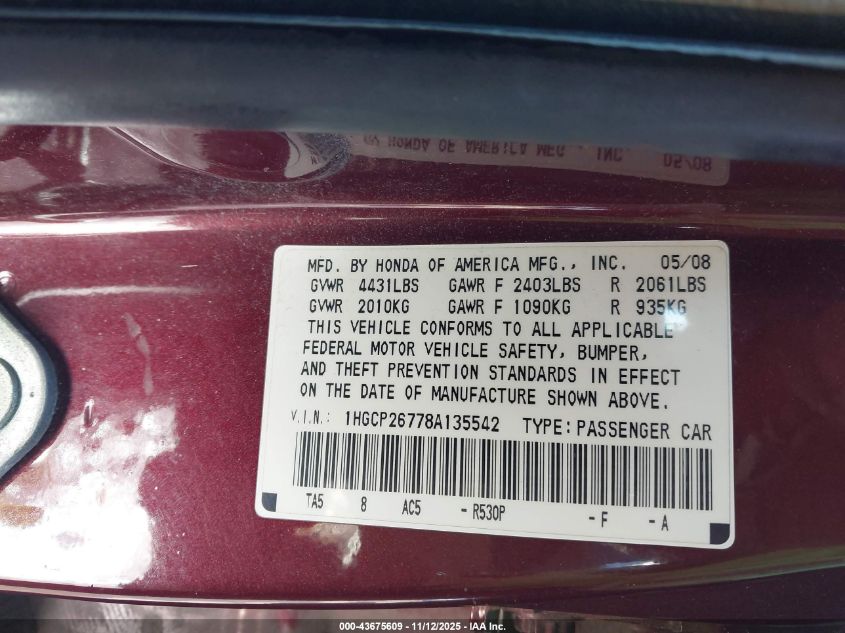 2008 Honda Accord 2.4 Ex VIN: 1HGCP26778A135542 Lot: 43675609