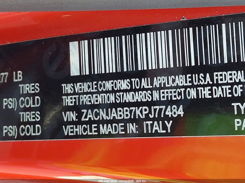 2019 Jeep Renegade Latitude Fwd VIN: ZACNJABB7KPJ77484 Lot: 43675628