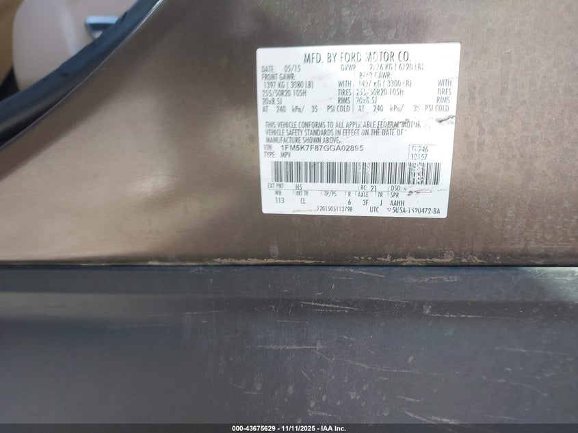 2016 FORD EXPLORER LIMITED 1FM5K7F87GGA02895