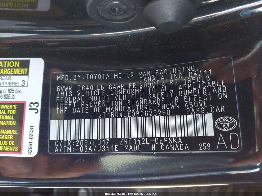 2T1BU4EE3BC623260 2011 TOYOTA COROLLA photo no. 9