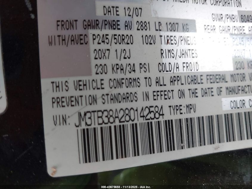 2008 Mazda Cx-9 Grand Touring VIN: JM3TB38A280142584 Lot: 43675658