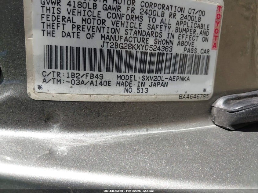 2000 Toyota Camry Le VIN: JT2BG28KXY0524363 Lot: 43675670
