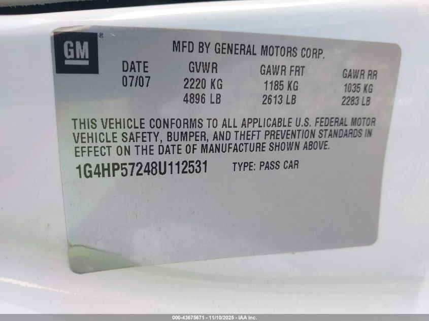 2008 Buick Lucerne Cx VIN: 1G4HP57248U112531 Lot: 43675671