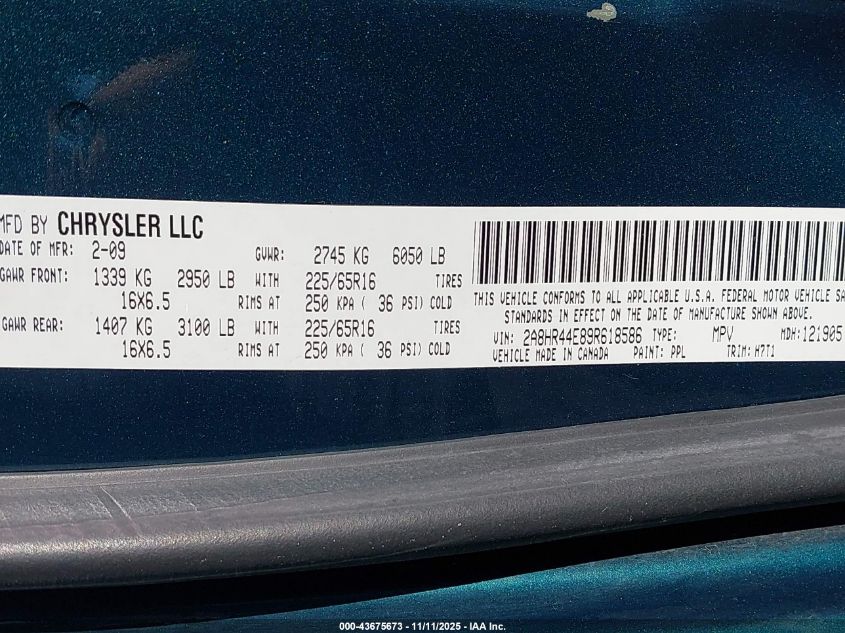 2009 Chrysler Town & Country Lx VIN: 2A8HR44E89R618586 Lot: 43675673