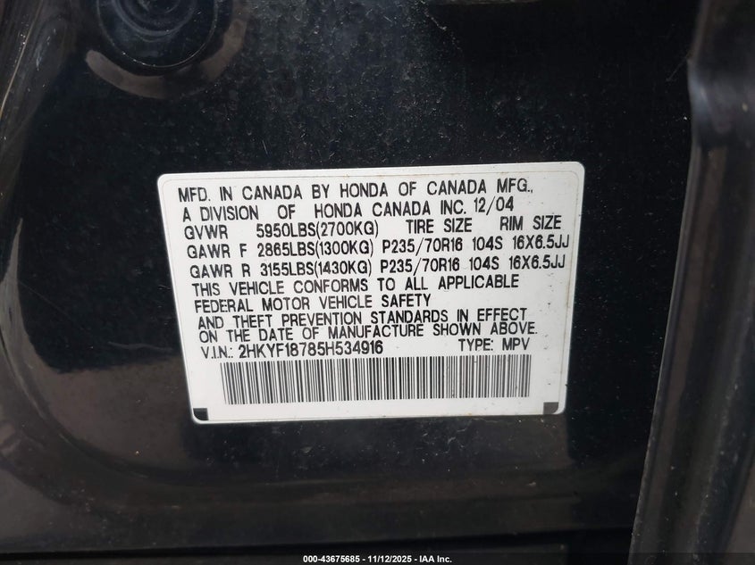 2005 Honda Pilot Ex-L VIN: 2HKYF18785H534916 Lot: 43675685