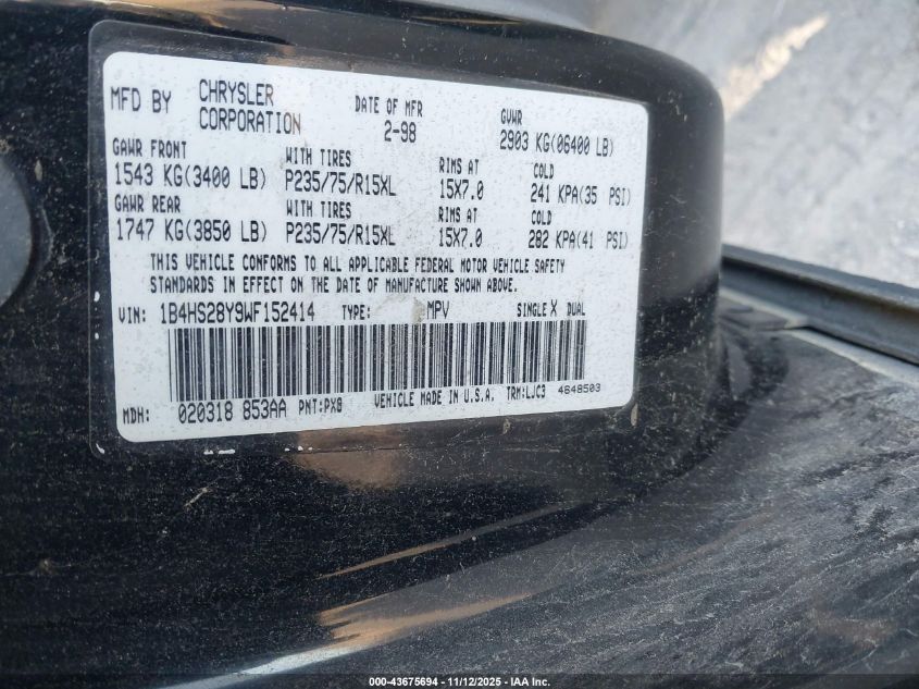 1998 Dodge Durango Slt VIN: 1B4HS28Y9WF152414 Lot: 43675694