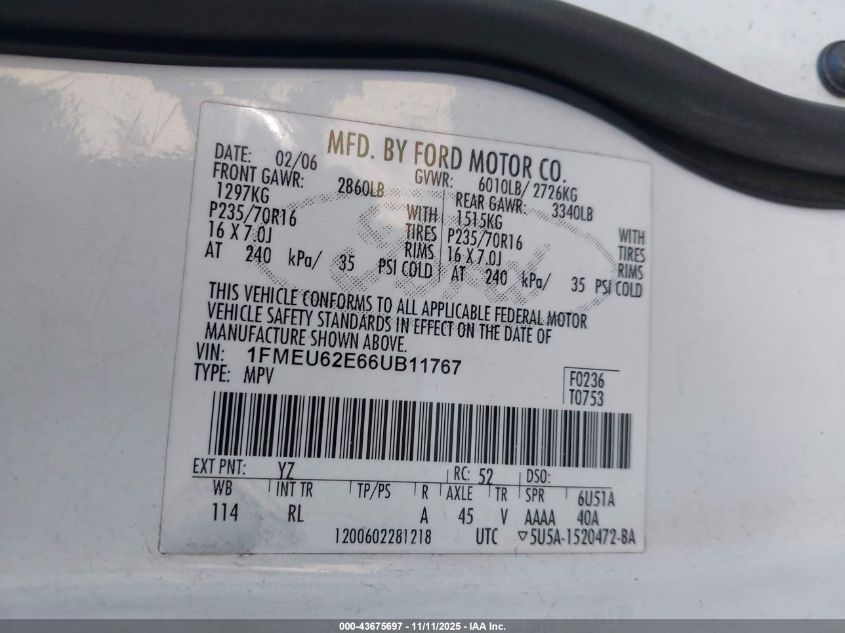 2006 Ford Explorer Xls VIN: 1FMEU62E66UB11767 Lot: 43675697