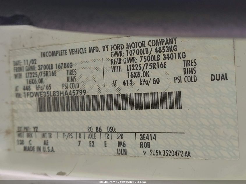 2003 Ford E-350 Cutaway Standard VIN: 1FDWE35L83HA45799 Lot: 43675713