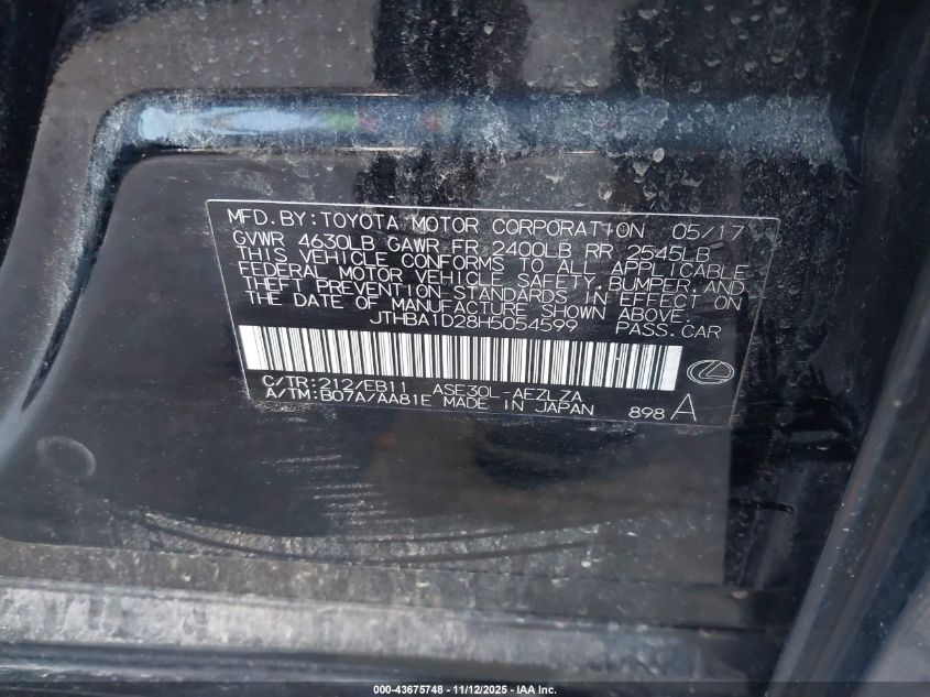 2017 Lexus Is 200T VIN: JTHBA1D28H5054599 Lot: 43675748