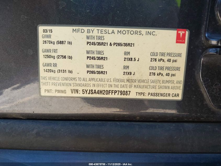2015 Tesla Model S 70D/85D/P85D VIN: 5YJSA4H20FFP79087 Lot: 43675758
