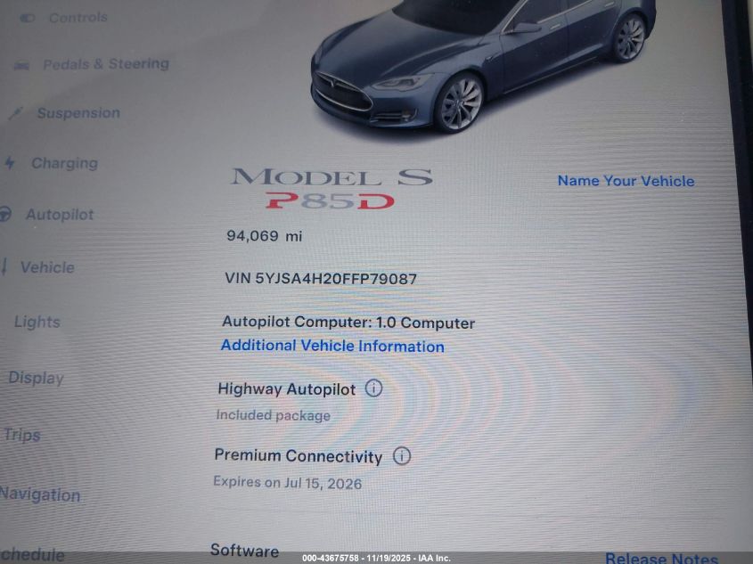 2015 Tesla Model S 70D/85D/P85D VIN: 5YJSA4H20FFP79087 Lot: 43675758