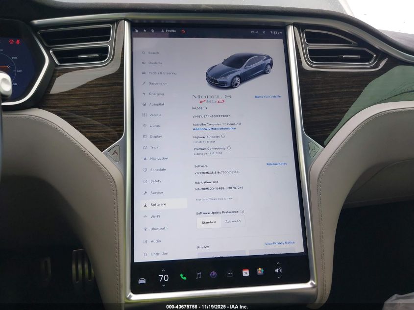 2015 Tesla Model S 70D/85D/P85D VIN: 5YJSA4H20FFP79087 Lot: 43675758