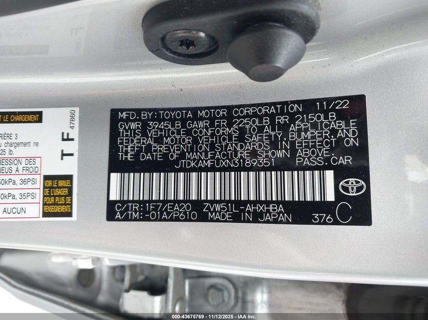2022 TOYOTA PRIUS XLE JTDKAMFUXN3189351