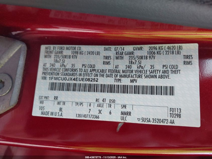 2014 Ford Escape Titanium VIN: 1FMCU0JX4EUE08252 Lot: 43675778