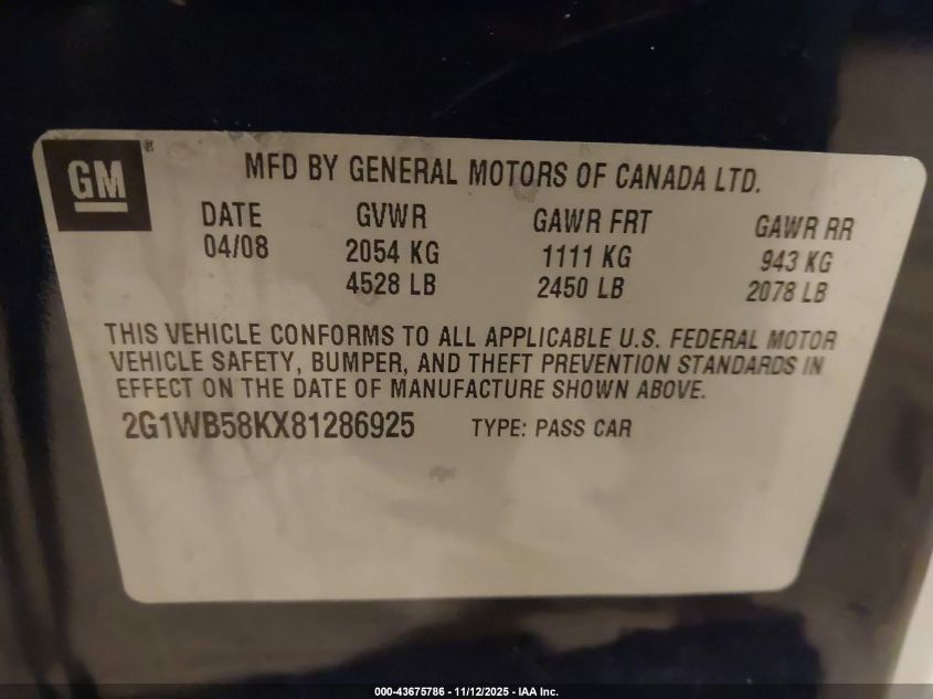 2008 Chevrolet Impala Ls VIN: 2G1WB58KX81286925 Lot: 43675786