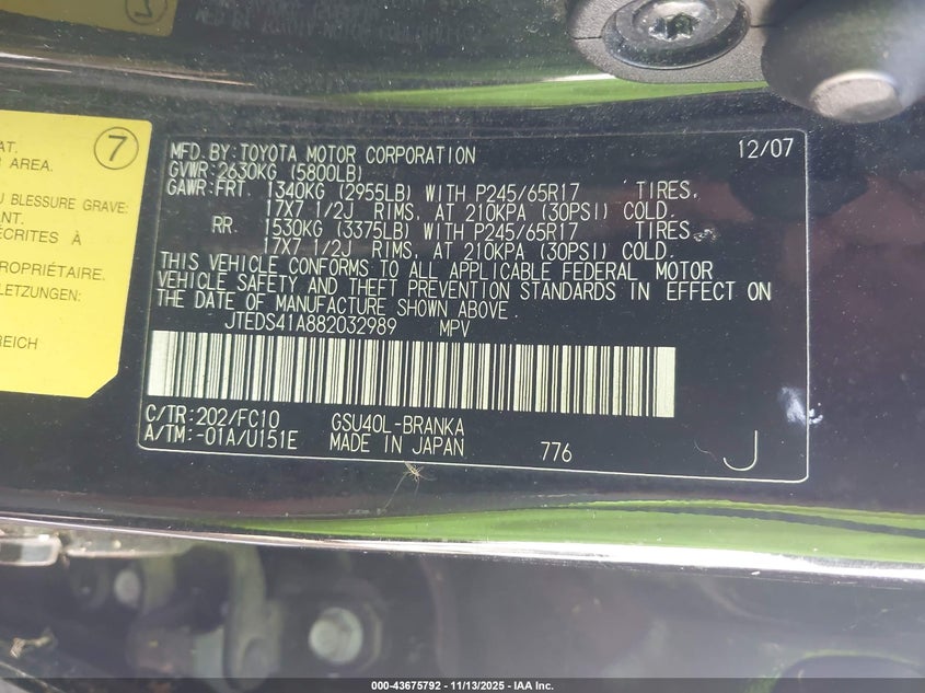 JTEDS41A882032989 2008 TOYOTA HIGHLANDER photo no. 9