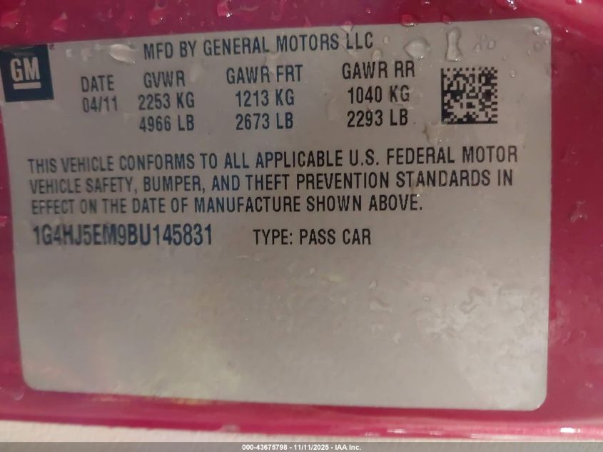 2011 Buick Lucerne Cxl Premium VIN: 1G4HJ5EM9BU145831 Lot: 43675798