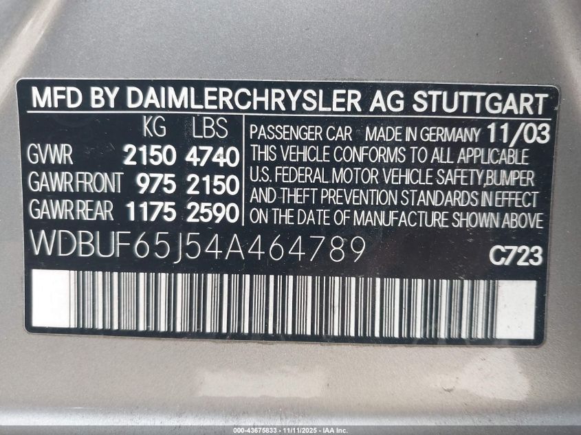 2004 Mercedes-Benz E 320 VIN: WDBUF65J54A464789 Lot: 43675833