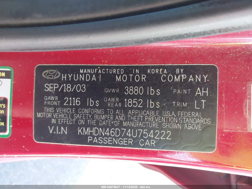 2004 Hyundai Elantra Gls/Gt VIN: KMHDN46D74U754222 Lot: 43675837