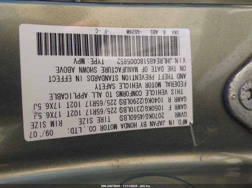 JHLRE48518C005852 2008 HONDA CR-V photo no. 9