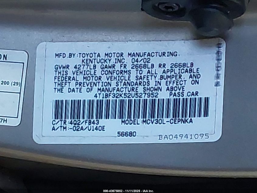 2002 Toyota Camry Le VIN: 4T1BF32K52U527952 Lot: 43675852