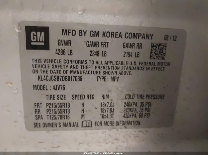 2013 Buick Encore Leather VIN: KL4CJCSB7DB017036 Lot: 43675855