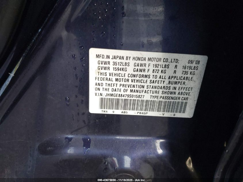 2009 Honda Fit Sport VIN: JHMGE88479S015827 Lot: 43675856