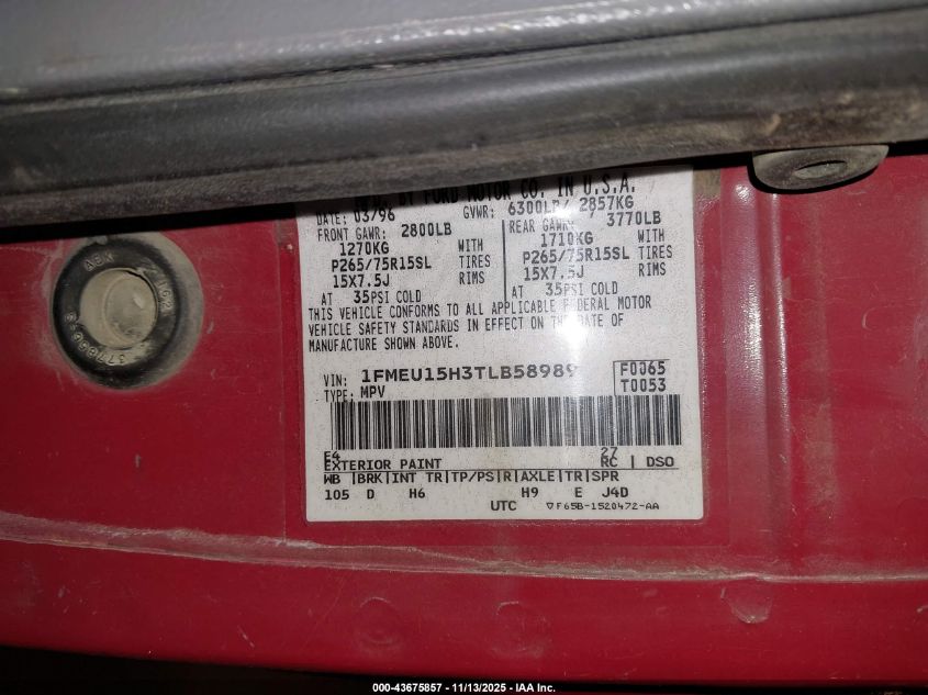 1996 Ford Bronco U100 VIN: 1FMEU15H3TLB58989 Lot: 43675857