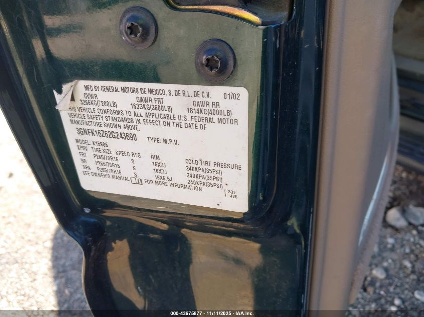 2002 Chevrolet Suburban 1500 Lt VIN: 3GNFK16Z62G243690 Lot: 43675877