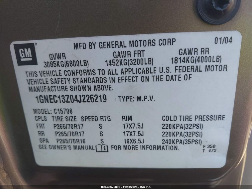 2004 Chevrolet Tahoe Lt VIN: 1GNEC13Z04J226219 Lot: 43675882