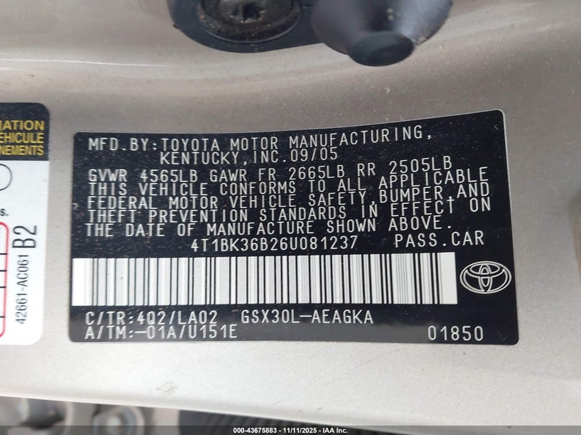 4T1BK36B26U081237 2006 TOYOTA AVALON photo no. 9