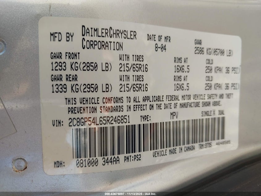 2C8GP54L65R246851 2005 CHRYSLER TOWN & COUNTRY photo no. 9