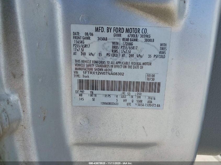 2007 Ford F-150 Stx/Xl/Xlt VIN: 1FTRX12W07NA08302 Lot: 43675925