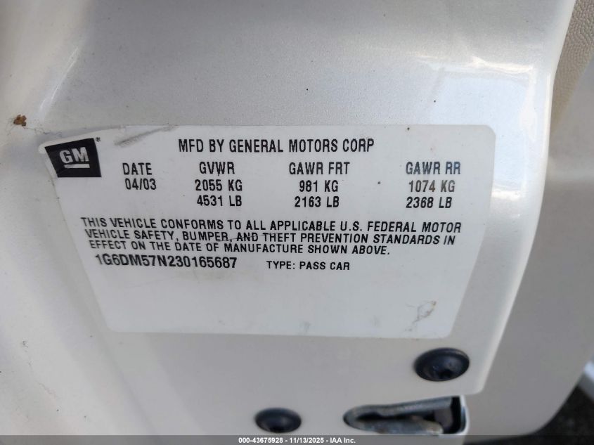 2003 Cadillac Cts Standard VIN: 1G6DM57N230165687 Lot: 43675928