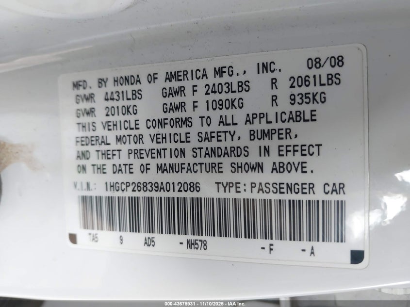 1HGCP26839A012086 2009 HONDA ACCORD photo no. 9