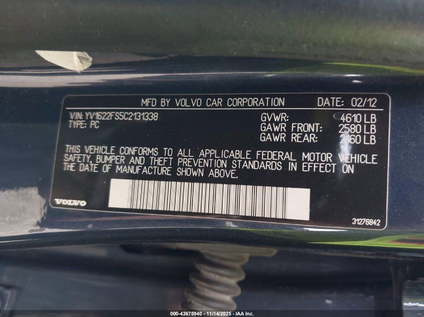 2012 Volvo S60 T5 VIN: YV1622FS5C2131338 Lot: 43675940