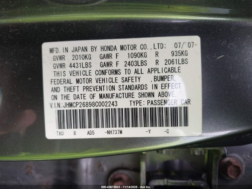 2008 Honda Accord 2.4 Ex-L VIN: JHMCP26898C002243 Lot: 43675943