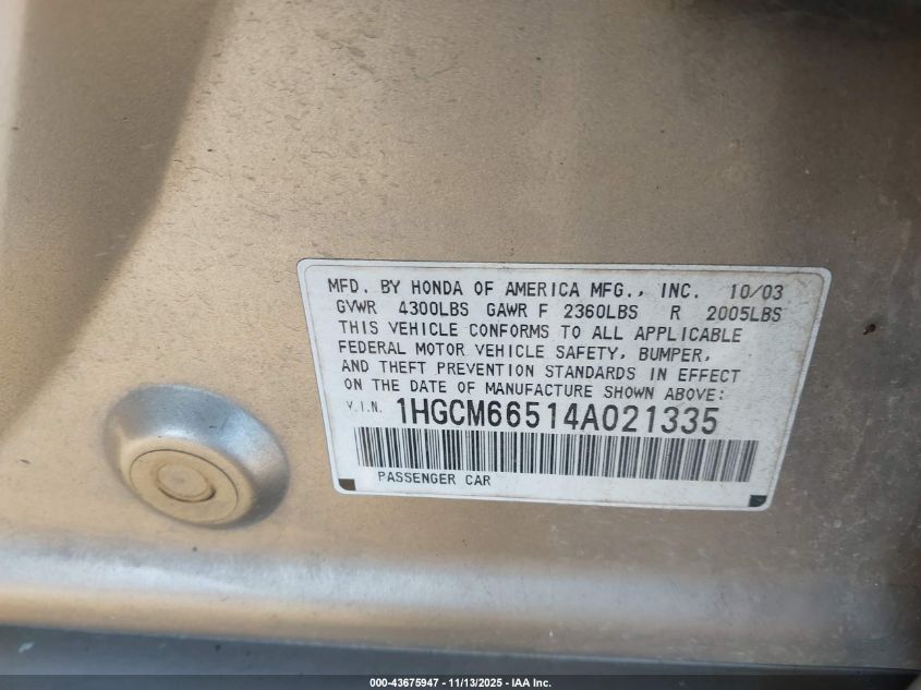 2004 Honda Accord 3.0 Ex VIN: 1HGCM66514A021335 Lot: 43675947