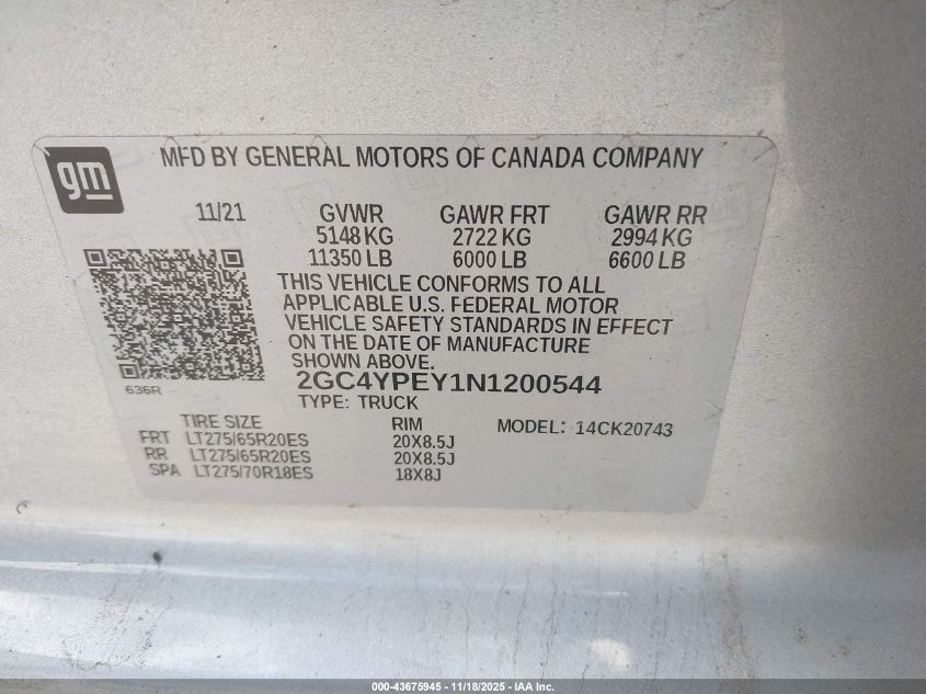 2022 Chevrolet Silverado 2500Hd 4Wd Standard Bed Ltz VIN: 2GC4YPEY1N1200544 Lot: 43675945