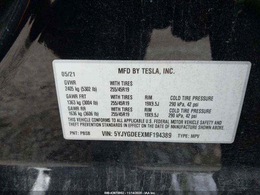 2021 Tesla Model Y Long Range Dual Motor All-Wheel Drive VIN: 5YJYGDEEXMF194389 Lot: 43675952