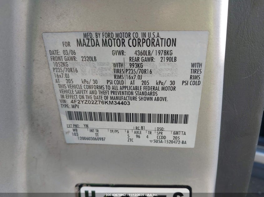 2006 Mazda Tribute I VIN: 4F2YZ02Z76KM34403 Lot: 43675962