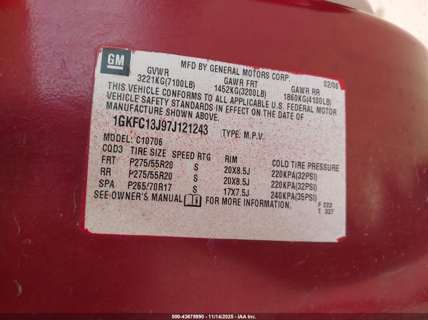 2007 GMC Yukon Slt VIN: 1GKFC13J97J121243 Lot: 43675990