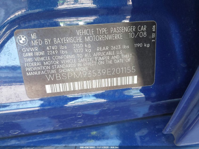 2009 BMW M3 VIN: WBSPM93539E201155 Lot: 43675993